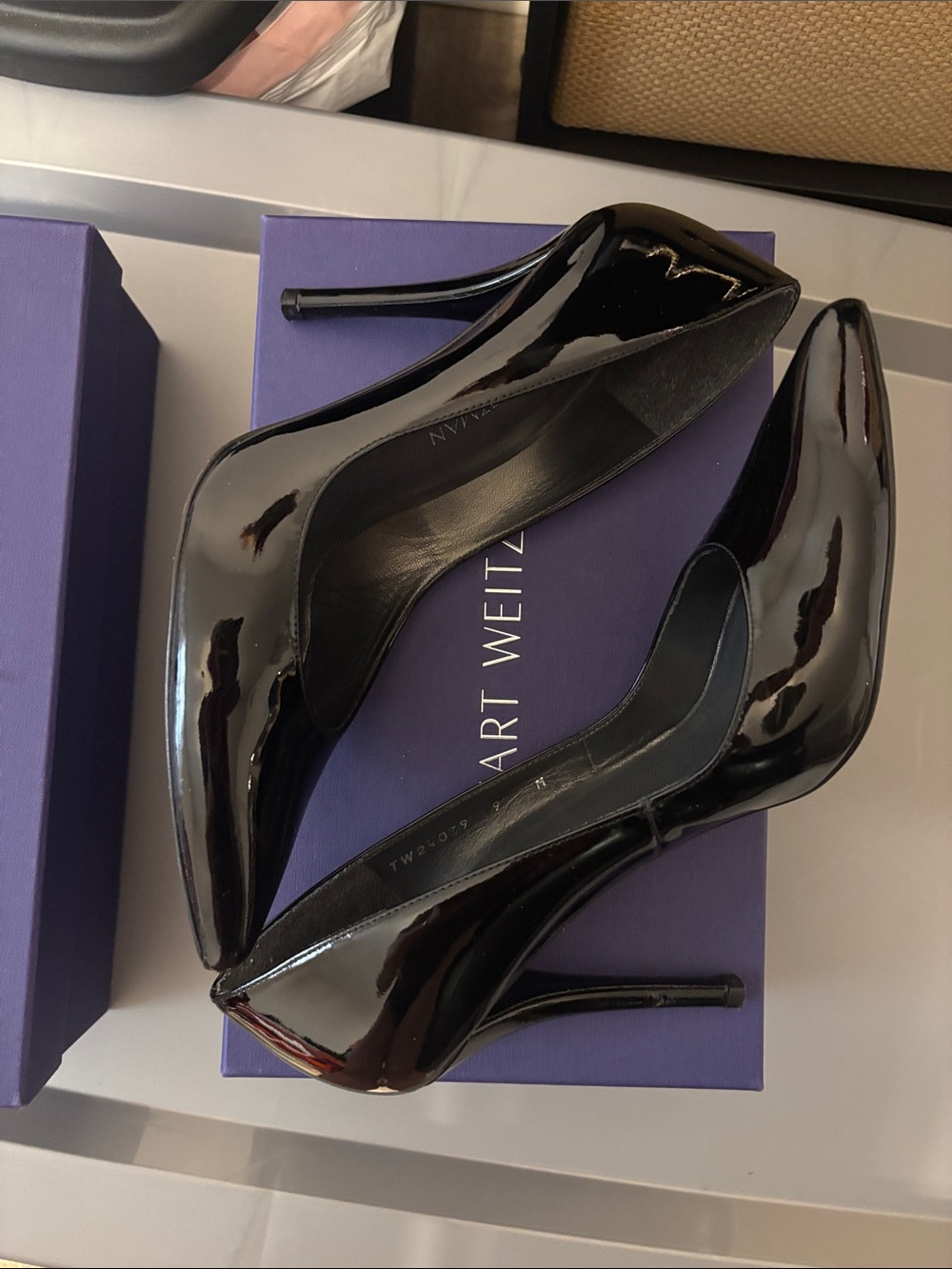Stuart Weitzman Black Patent Pointed-Toe Stiletto Pumps - Picture 4 of 7